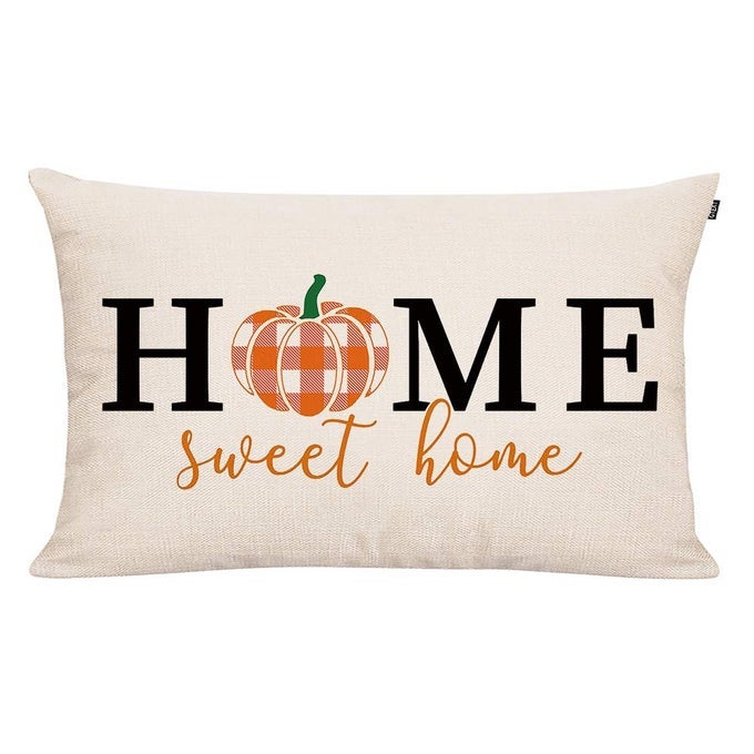 FALL THROW PILLOW COVER AUTUMN DECOR HOME SWEET HOME PLAID PUMPKIN PILLOW COVER 20X12 INCH OUTDOOR PILLOW LINEN SQUARE CUSHIONSOFA FALL PILLOW COVER