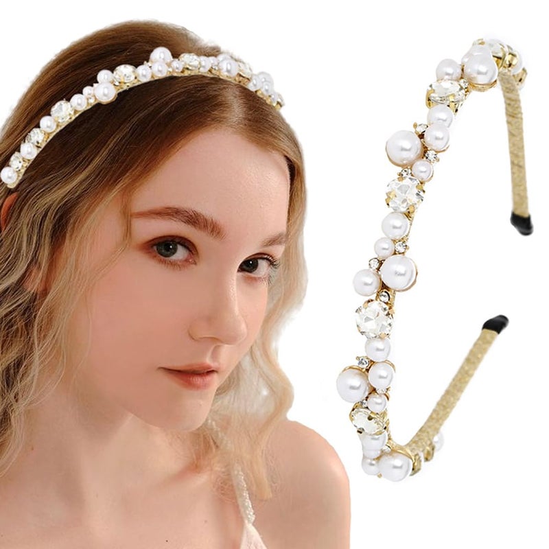 Firuilo Gold Thin Headband Rhinestones Pearl Hairband Sparkly Crystal Head Bands Accessories for WomenType A