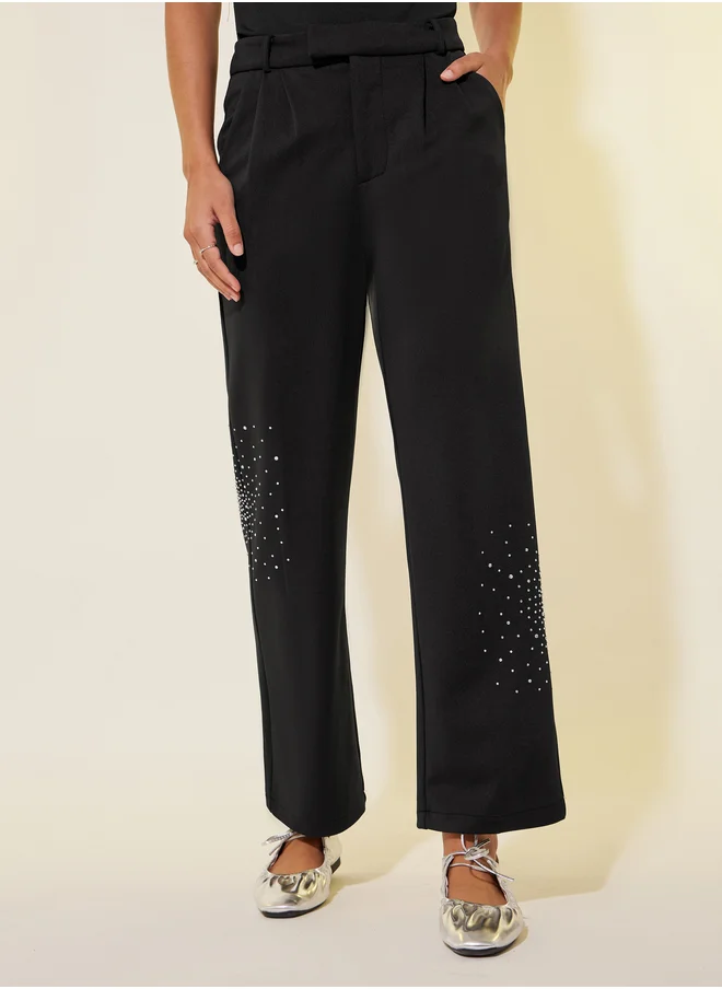 ستايلي Black Rhinestone Embellished Pleated Wide Leg Pants