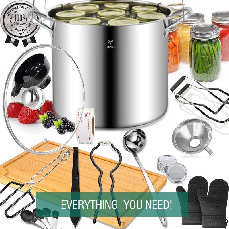 LEONICE Canning Supplies Starter Kit - Water Bath Canning Pot with Rack,Stainless Steel Canner Kit Set Tools: 2pcs Funnels,3 in 1 Lid Lifter,Ladle,Tongs,Silicon Gloves & Accessories Equipment for Beginner - Image 2