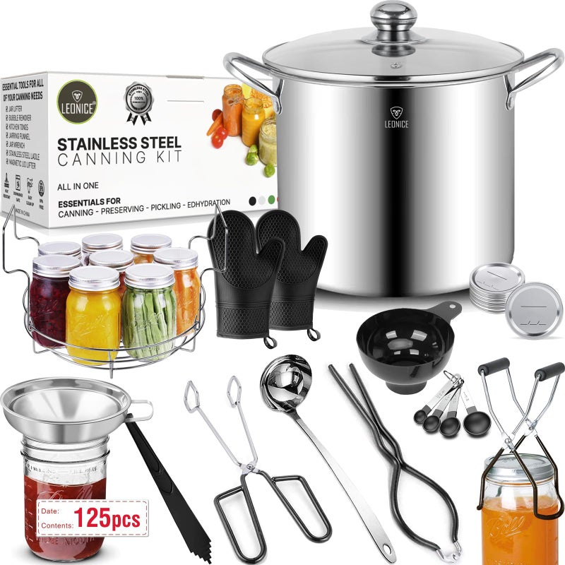 LEONICE Canning Supplies Starter Kit - Water Bath Canning Pot with Rack,Stainless Steel Canner Kit Set Tools: 2pcs Funnels,3 in 1 Lid Lifter,Ladle,Tongs,Silicon Gloves & Accessories Equipment for Beginner - Image 1