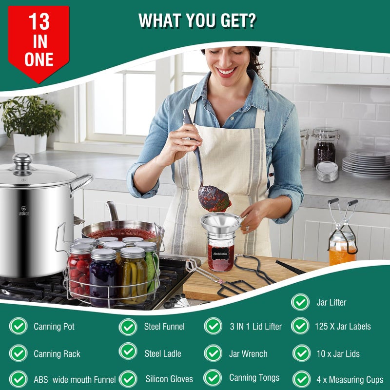 LEONICE Canning Supplies Starter Kit - Water Bath Canning Pot with Rack,Stainless Steel Canner Kit Set Tools: 2pcs Funnels,3 in 1 Lid Lifter,Ladle,Tongs,Silicon Gloves & Accessories Equipment for Beginner - Image 4