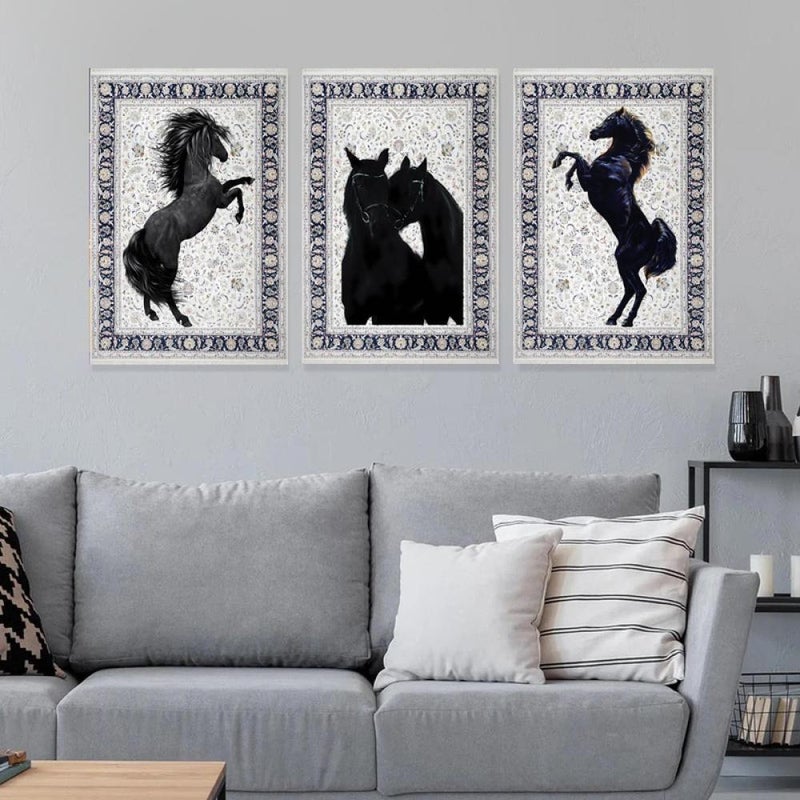 Marktna Three canvas paintings with a horse design and a hollow frame, measuring (90×40), three pieces - Image 1