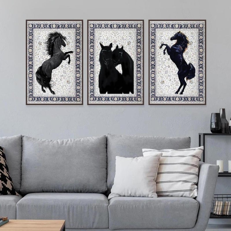 Marktna Three canvas paintings with a horse design and a hollow frame, measuring (90×40), three pieces - Image 3