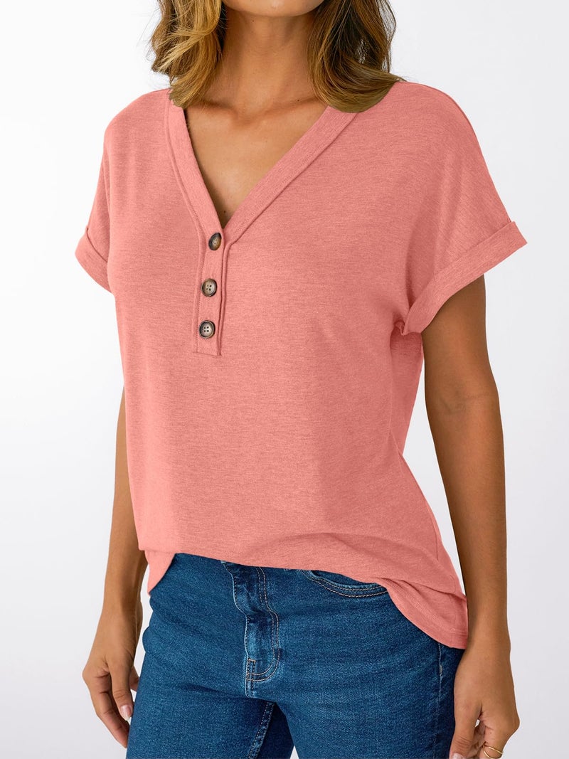 AUTOMET Short Sleeve V Neck T Shirts Womens 2026 Summer Business Casual Henley Tops Cap Sleeve Spring Fashion Clothes Dressy Lightweight Work Tshirts Loose Blouses Cute Outfits Clothing Coral L - Image 3