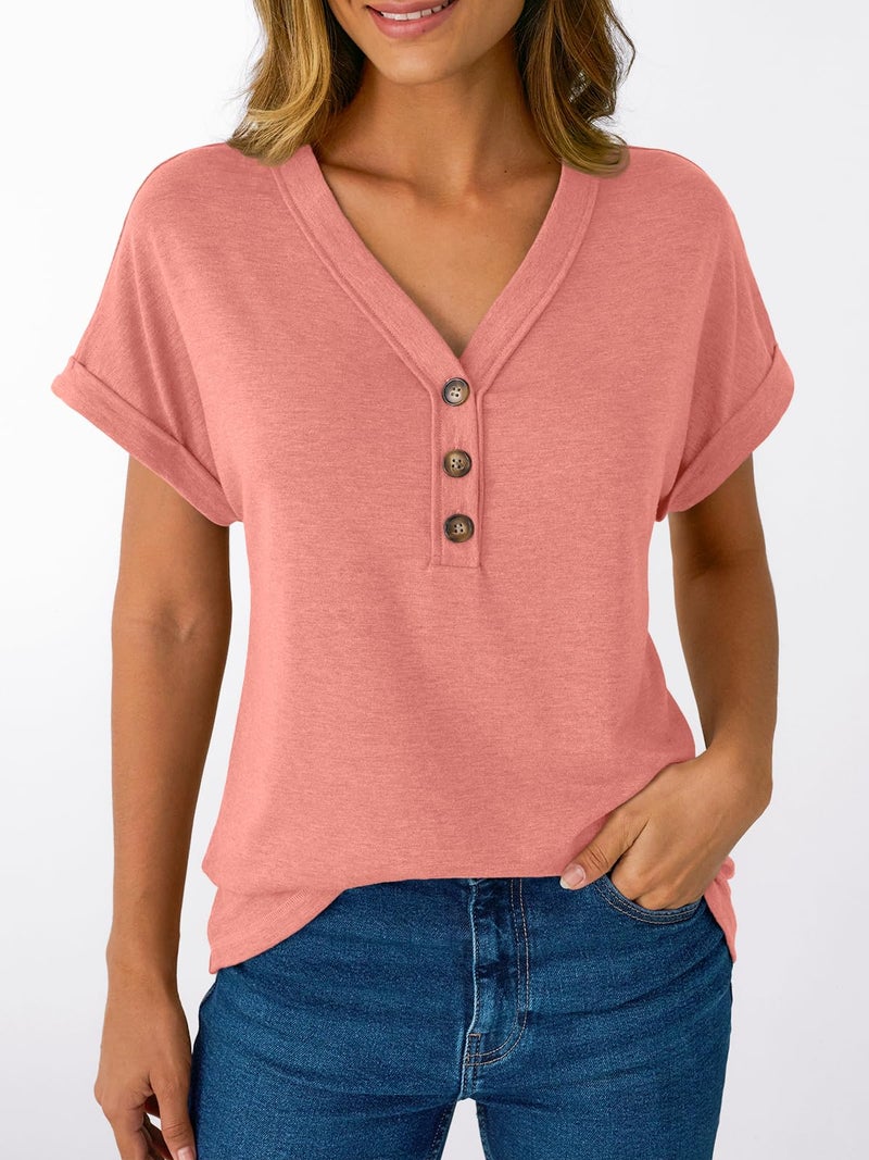 AUTOMET Short Sleeve V Neck T Shirts Womens 2026 Summer Business Casual Henley Tops Cap Sleeve Spring Fashion Clothes Dressy Lightweight Work Tshirts Loose Blouses Cute Outfits Clothing Coral L - Image 2