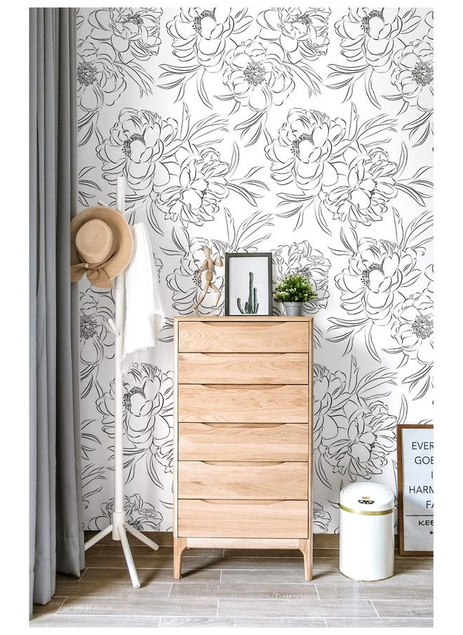 HAOKHOME 932511 Black Wallpaper Peel And Stick Removable Sketch Floral Black/White Vinyl Stick On Mural 17.7In X 9.8Ft  - Image 3