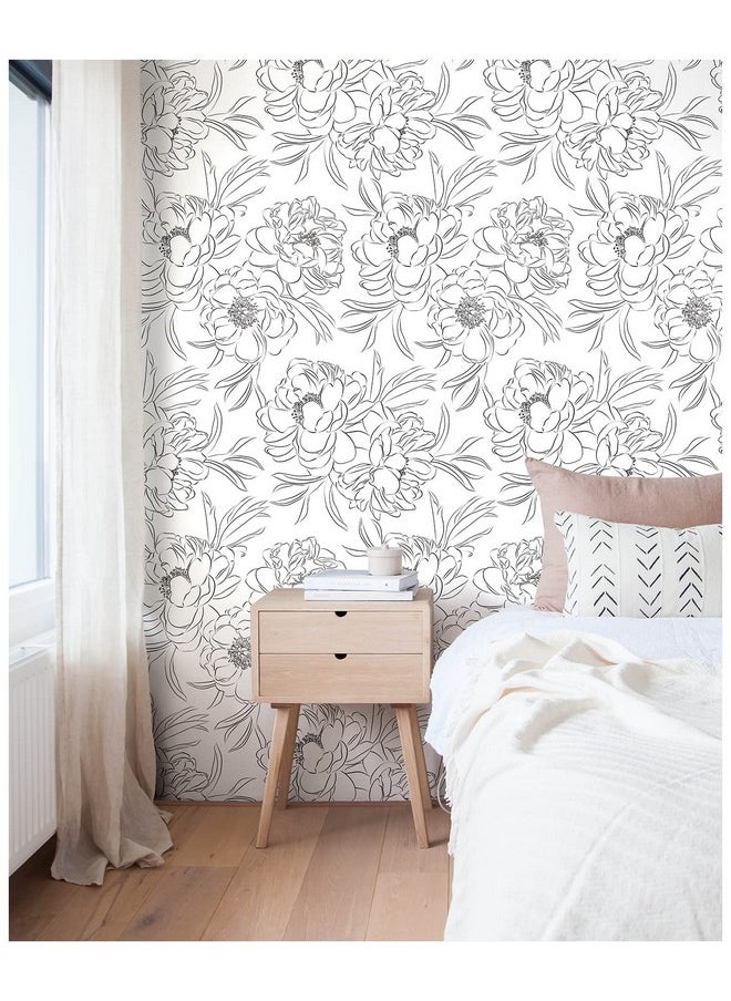HAOKHOME 932511 Black Wallpaper Peel And Stick Removable Sketch Floral Black/White Vinyl Stick On Mural 17.7In X 9.8Ft  - Image 4