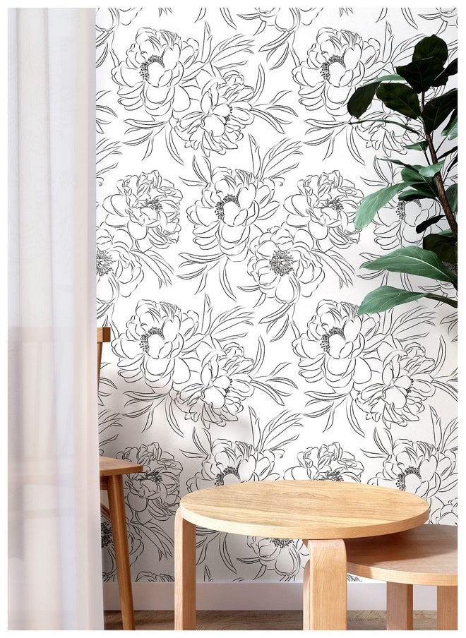HAOKHOME 932511 Black Wallpaper Peel And Stick Removable Sketch Floral Black/White Vinyl Stick On Mural 17.7In X 9.8Ft  - Image 2