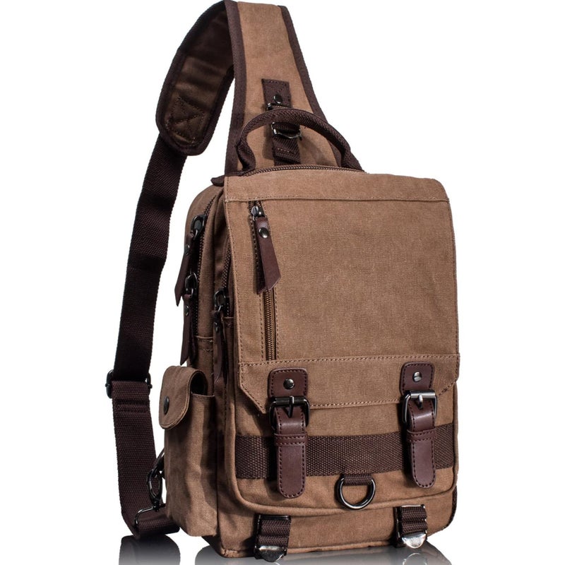 Leaper Retro Crossbody Bag Sling Bag Canvas Messenger Bag for Men Women Shoulder Bag Crossbody Handbags Satchel Coffee, M
