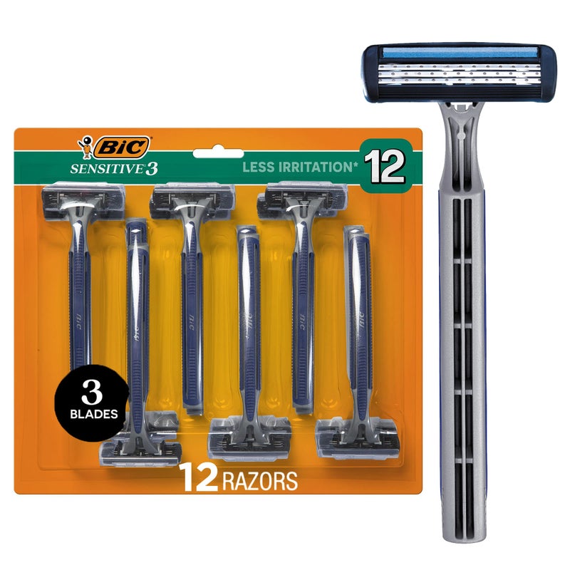 BIC Sensitive 3 Disposable Razors for Men With 3 Blades for Sensitive Skin, 12 Count Value Pack of Shaving Razors - Image 1