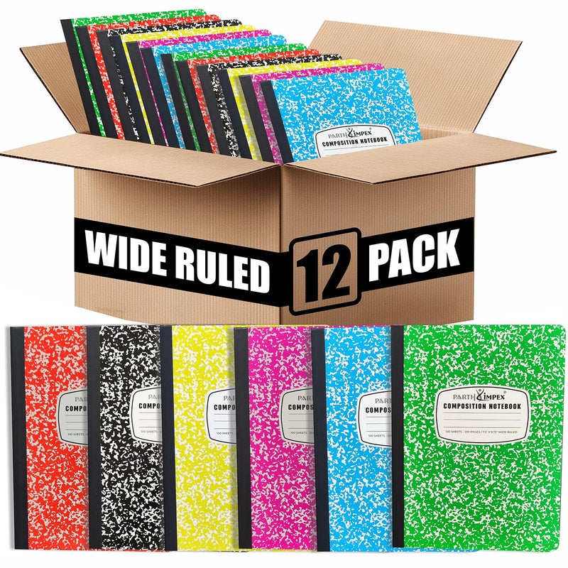 PARTH iMPEX 12 Pack Bulk Composition Notebooks Wide Ruled, 200 Pages (100 Sheets), 9-3/4 x 7-1/2, Hard Cover Wide Ruled Notebooks in 6 Assorted Colors, Composition Notebook For School College Office - Image 1