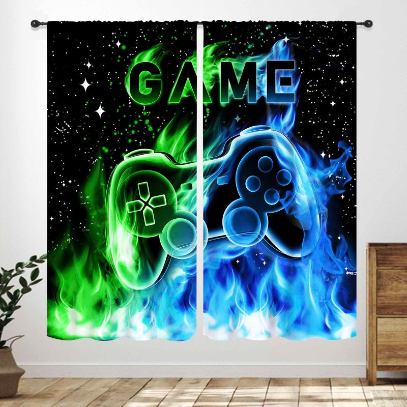 Lnepty Gamer Curtains for Boys Room,Blue Flame Video Gamer for Boys Kids Teen Bedroom Window Treatment,Outer Space Gaming Game Controller Nursery Living Room Drapes 2 Panel Sets,42X45 Inch - Image 1