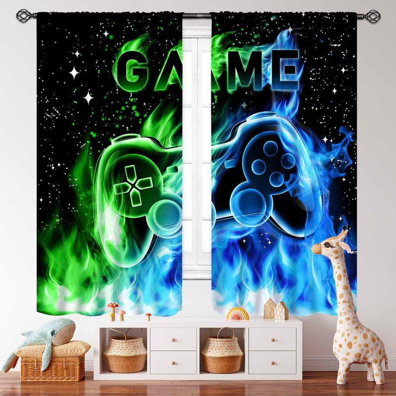Lnepty Gamer Curtains for Boys Room,Blue Flame Video Gamer for Boys Kids Teen Bedroom Window Treatment,Outer Space Gaming Game Controller Nursery Living Room Drapes 2 Panel Sets,42X45 Inch - Image 5