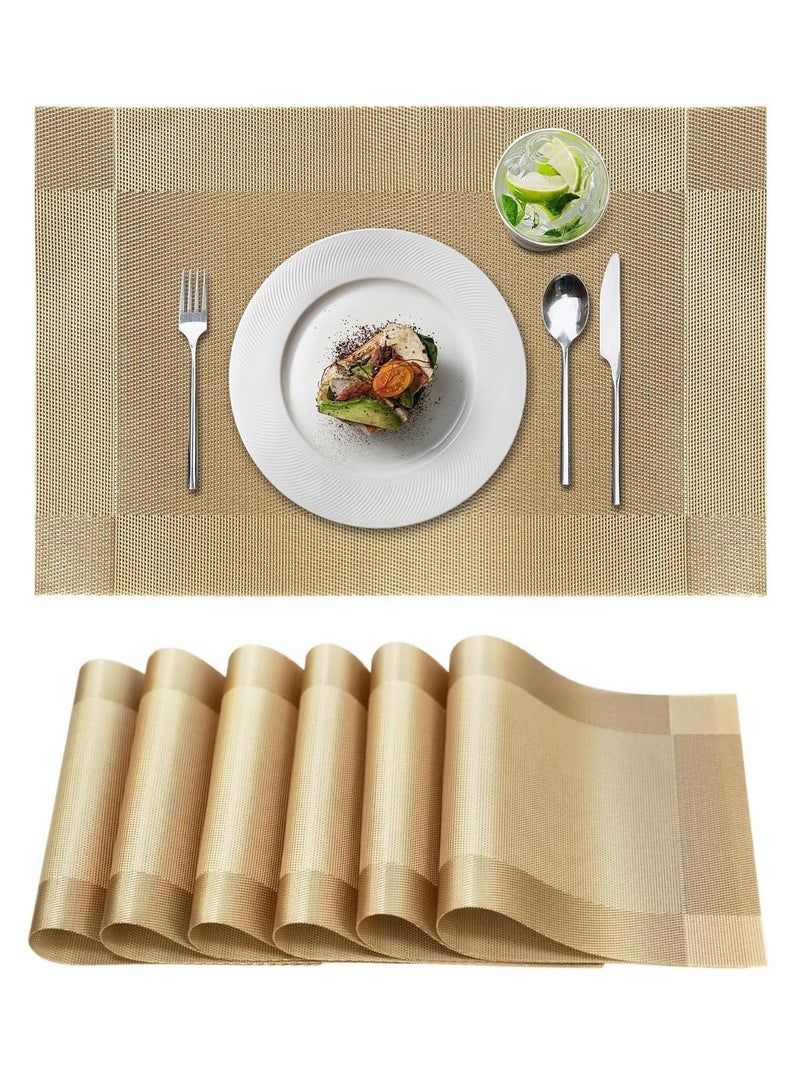 TDAO 6-Piece Vinyl Dining Table Decorative Placemats, Heat-Resistant Anti-Skid Stain Washable PVC Table Mats, Easy to Cleaning Woven Vinyl Dinner Mats, Gold, Size-30x45cm/11.8"x17.71" - Image 1
