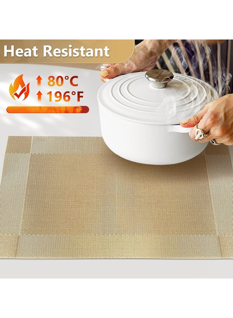 TDAO 6-Piece Vinyl Dining Table Decorative Placemats, Heat-Resistant Anti-Skid Stain Washable PVC Table Mats, Easy to Cleaning Woven Vinyl Dinner Mats, Gold, Size-30x45cm/11.8"x17.71" - Image 4
