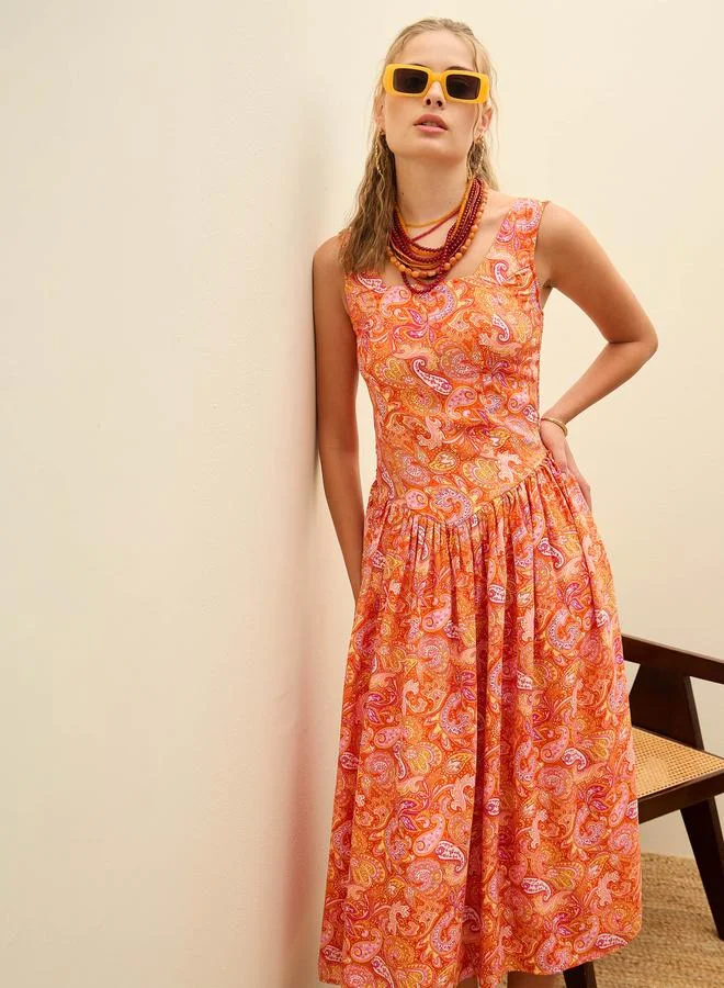 SASSAFRAS Sassafras Orange Paisley Print Sleeveless Midi Dress