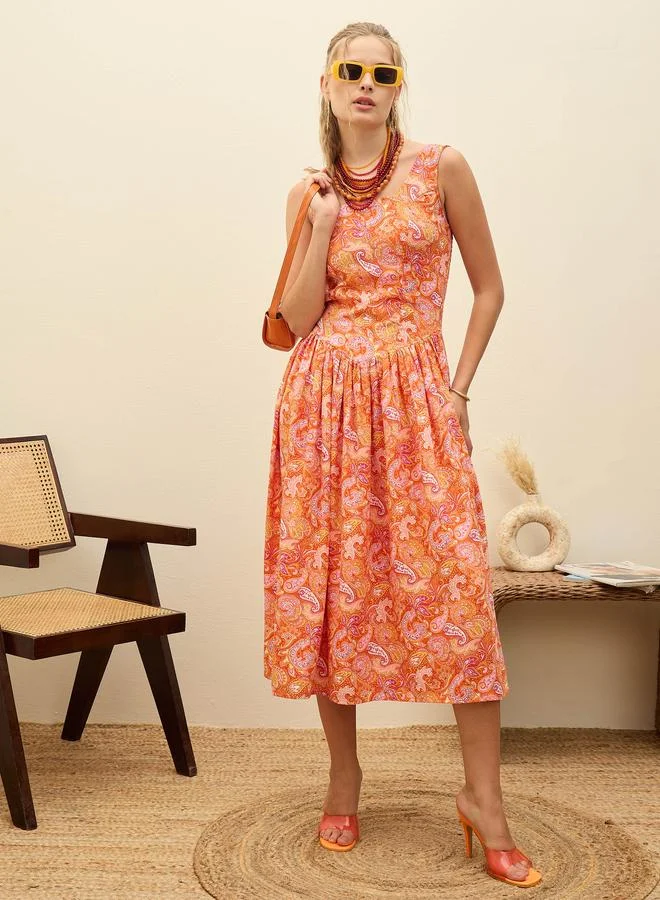 SASSAFRAS Sassafras Orange Paisley Print Sleeveless Midi Dress