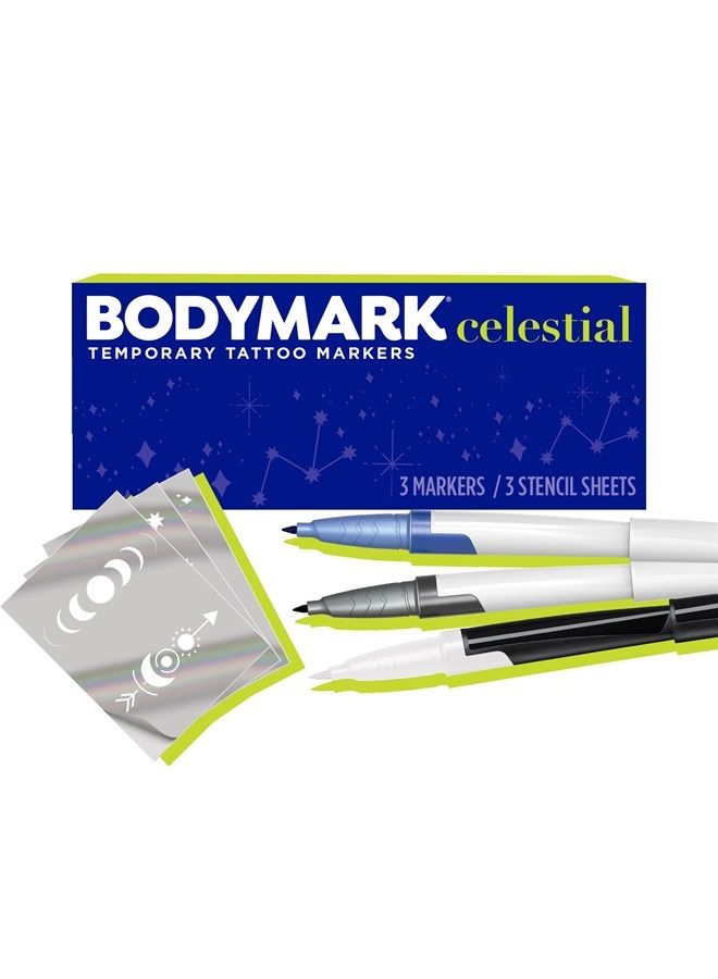 BodyMark Celestial Set Temporary Tattoo Markers for Skin, Premium Brush Tip, 3 Count Pack of Assorted Themed Colors and Stencils, Skin-Safe Temporary Tattoo Markers Set - Image 1