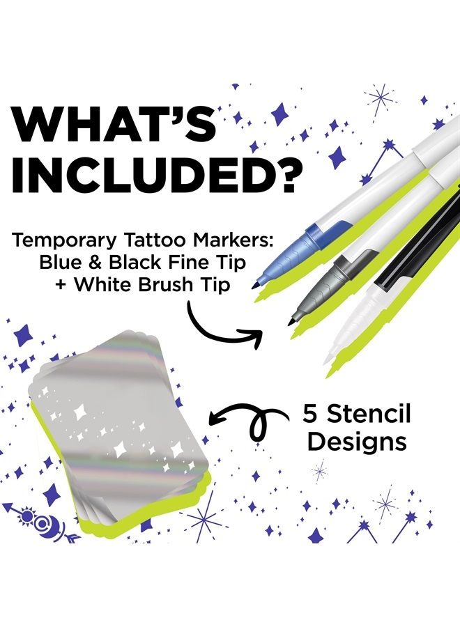 BodyMark Celestial Set Temporary Tattoo Markers for Skin, Premium Brush Tip, 3 Count Pack of Assorted Themed Colors and Stencils, Skin-Safe Temporary Tattoo Markers Set - Image 2