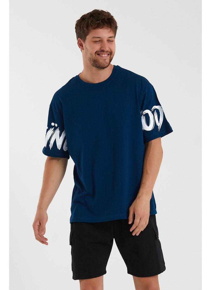 MRS Clothing - Oversize Crew Neck Slit Detailed Special Sleeve Printed Short Sleeve Men's T-Shirt Navy Blue - Image 1