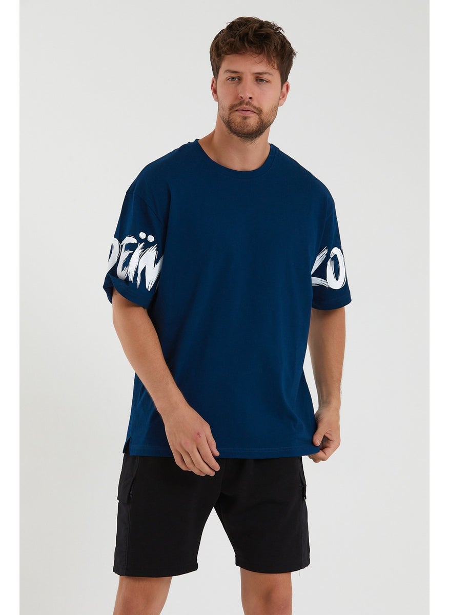 MRS Clothing - Oversize Crew Neck Slit Detailed Special Sleeve Printed Short Sleeve Men's T-Shirt Navy Blue - Image 1