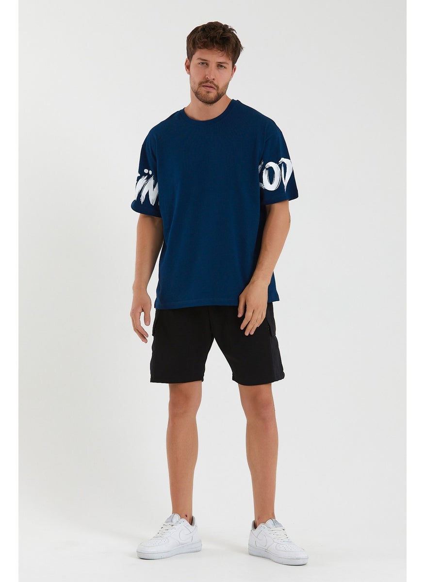 MRS Clothing - Oversize Crew Neck Slit Detailed Special Sleeve Printed Short Sleeve Men's T-Shirt Navy Blue - Image 1