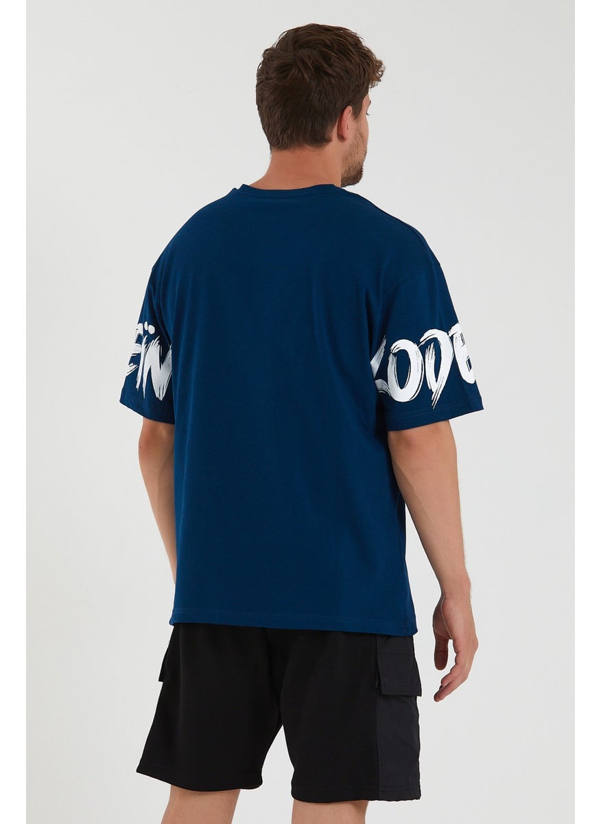 MRS Clothing - Oversize Crew Neck Slit Detailed Special Sleeve Printed Short Sleeve Men's T-Shirt Navy Blue - Image 1