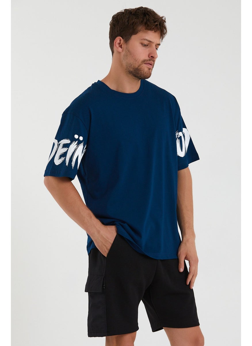MRS Clothing - Oversize Crew Neck Slit Detailed Special Sleeve Printed Short Sleeve Men's T-Shirt Navy Blue - Image 1
