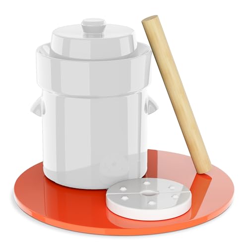 وعاء تخمير 12 جالون من هومبل هاوس ساوركروك لعمل مخلل الملفوف مع غطاء وأوزان  باوندير  وعاء خزفي أبيض لتخمير المخللات والملفوف والكيمتشي  وعاء تخمير سعة 2 لتر