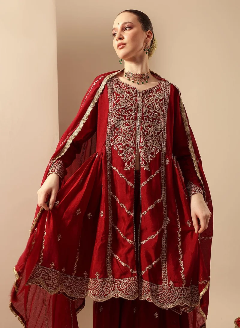 ISHIN Red Poly Embroidered Flared A-Line Tunic & Full Length Palazzo Kurta Set For Women