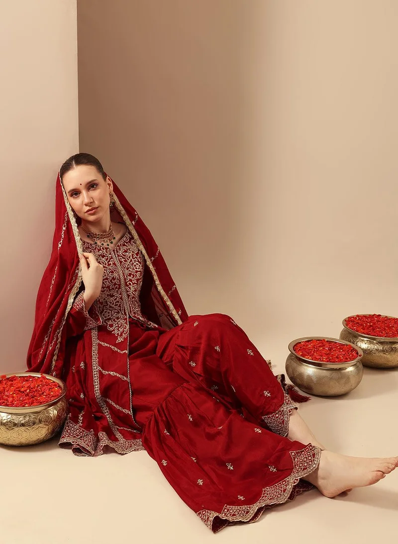 ISHIN Red Poly Embroidered Flared A-Line Tunic & Full Length Palazzo Kurta Set For Women