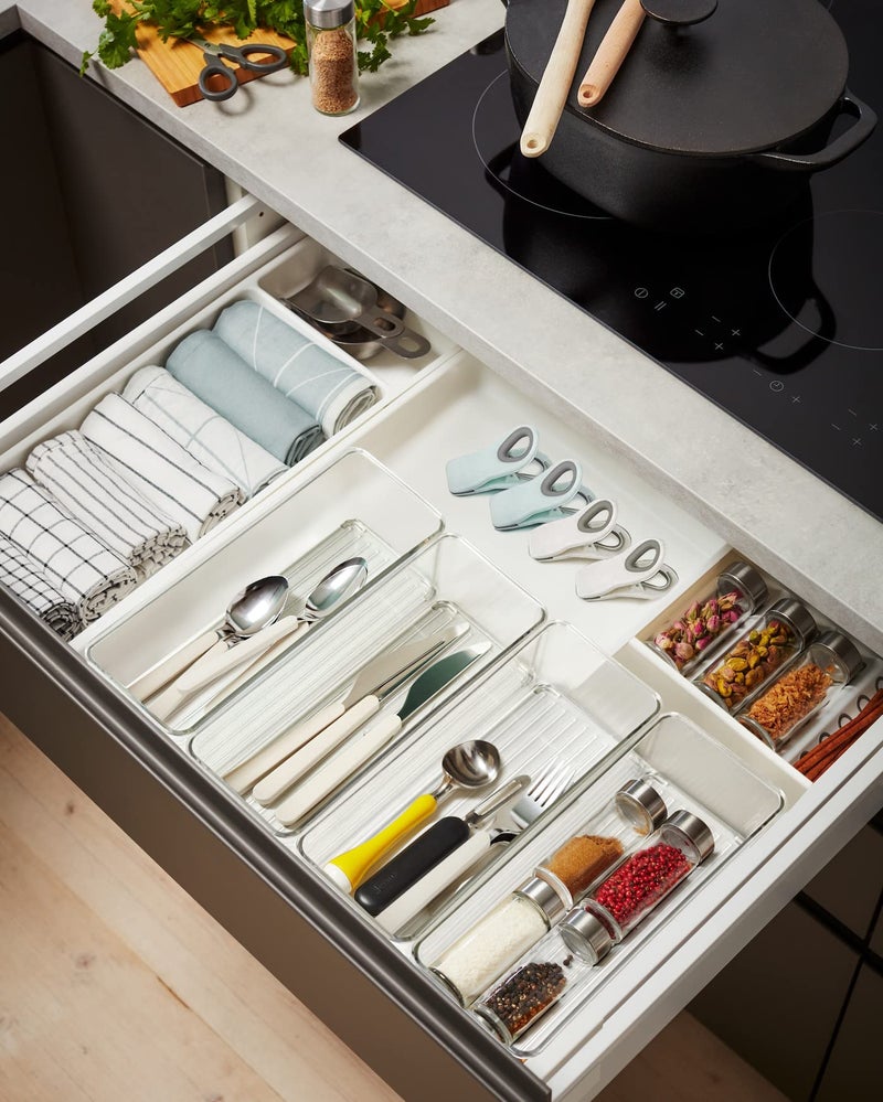 Hudgan 8 Pack Clear Plastic Drawer Organizer Bins Set  Stackable Cutlery Storage Bins Trays For Organizing Kitchen Supplies  Bathroom Supplies  Office Supplies  Crafts  Gadgets  Cabinet Supplies - Image 2