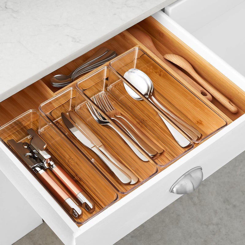 Hudgan 8 Pack Clear Plastic Drawer Organizer Bins Set  Stackable Cutlery Storage Bins Trays For Organizing Kitchen Supplies  Bathroom Supplies  Office Supplies  Crafts  Gadgets  Cabinet Supplies - Image 3