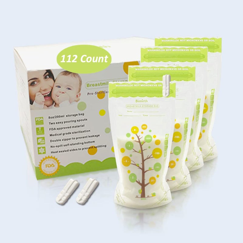 Bimirth Breast Milk Storage Bags Freezer Safe, 112 Count â€“ 8oz / 250ml, BPA-Free, Leak-Proof Double Zipper, Self-Standing for Storage & Freezing - Image 1