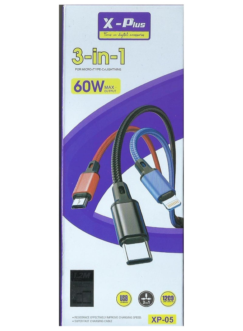 X-Plus 3 in 1 fast charging cable, 60 watts - Image 4