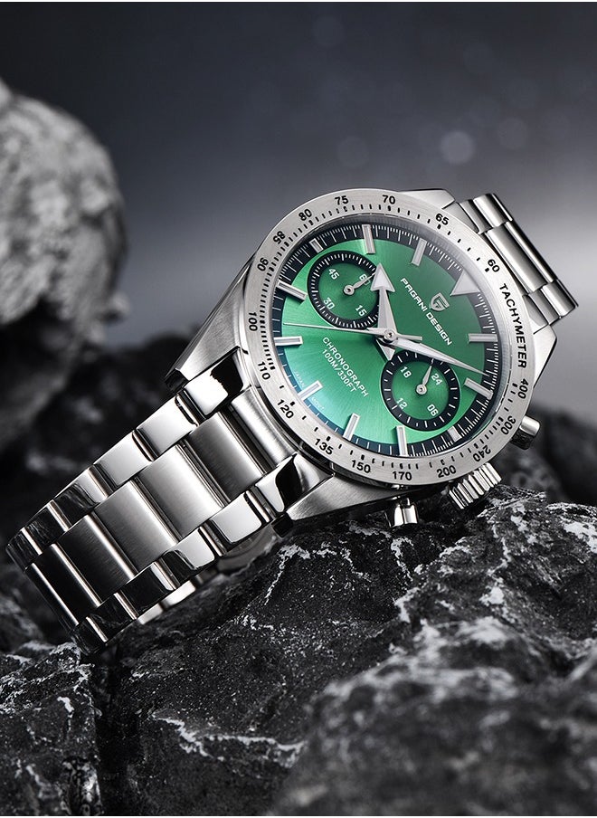 PAGANI DESIGN - Fashion Men's Chronograph Watches Japanese VK64 Quartz Movement Full Stainless Steel 100M Waterproof Wide Arrow Hands Luminous Retro Sport Analog Wistwatches,Green - Image 1