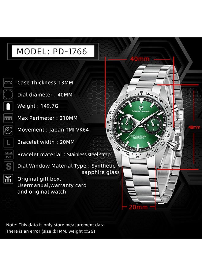 PAGANI DESIGN - Fashion Men's Chronograph Watches Japanese VK64 Quartz Movement Full Stainless Steel 100M Waterproof Wide Arrow Hands Luminous Retro Sport Analog Wistwatches,Green - Image 1