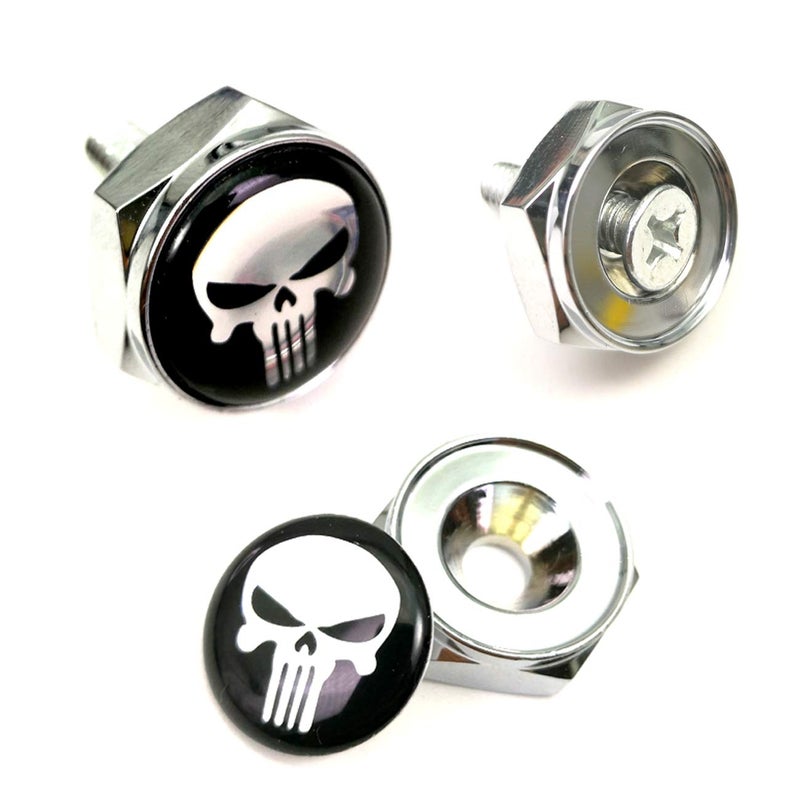Aootf License Plate Screw Bolt Caps- Logo Billet Metal Car License Plate Bolts Frame Screw Cover with Black Skull Sticker, License Plate Frame Security Fastener Kit with Anti-Rattle Foam Pads - Image 2