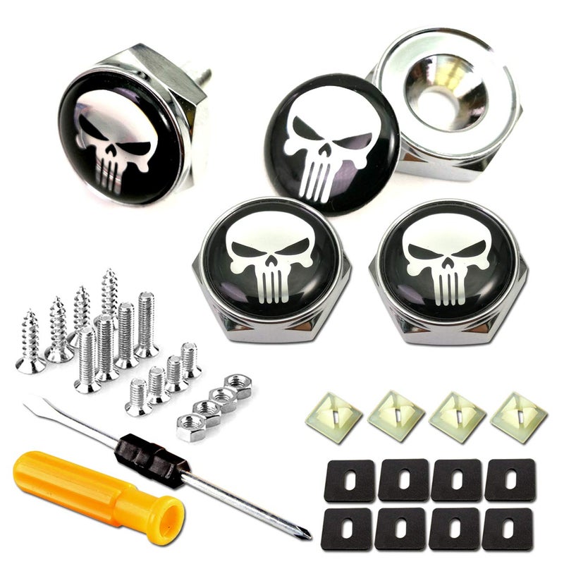 Aootf License Plate Screw Bolt Caps- Logo Billet Metal Car License Plate Bolts Frame Screw Cover with Black Skull Sticker, License Plate Frame Security Fastener Kit with Anti-Rattle Foam Pads - Image 1