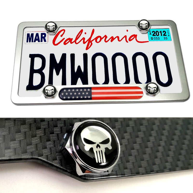 Aootf License Plate Screw Bolt Caps- Logo Billet Metal Car License Plate Bolts Frame Screw Cover with Black Skull Sticker, License Plate Frame Security Fastener Kit with Anti-Rattle Foam Pads - Image 3