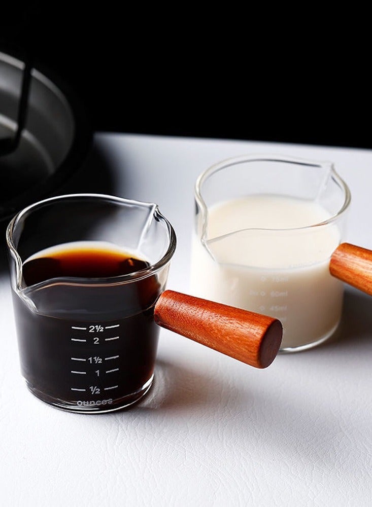 Double Spouts Measuring Milk Cup With Anti-resistant Wood Handle 75ML Espresso Shot Glasses Clear Coffee Share Cup - Image 1