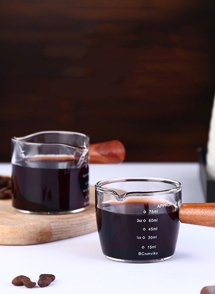 Double Spouts Measuring Milk Cup With Anti-resistant Wood Handle 75ML Espresso Shot Glasses Clear Coffee Share Cup - Image 2