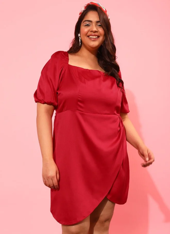 CURVY STREET Red Satin Peplum Dress for Women