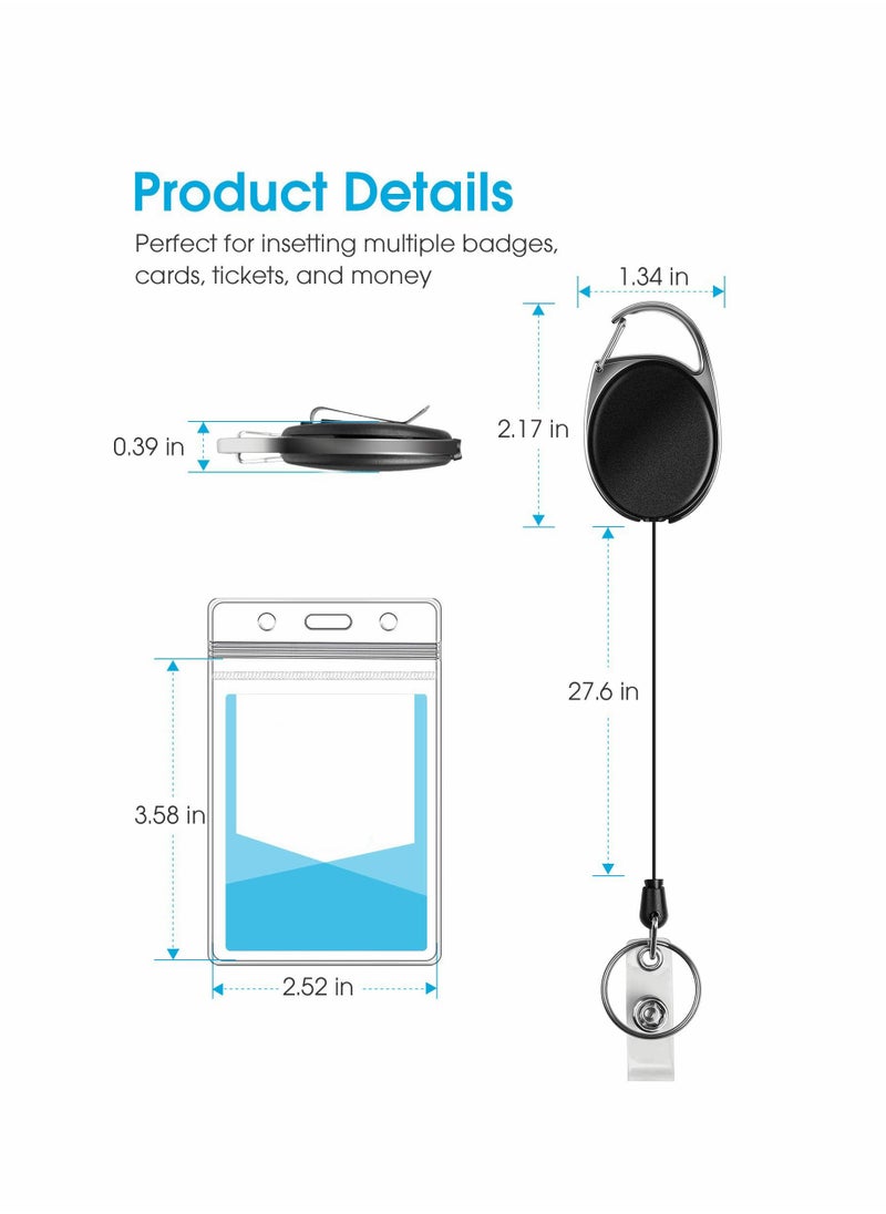 KASTWAVE - Black Heavy Duty Retractable Badge Holder with Carabiner Reel with Belt Clip Key Keychain Badge Holders Carabiner Ring and Waterproof Vertical ID Card Holders for Name Card ID Card 3 - Image 1