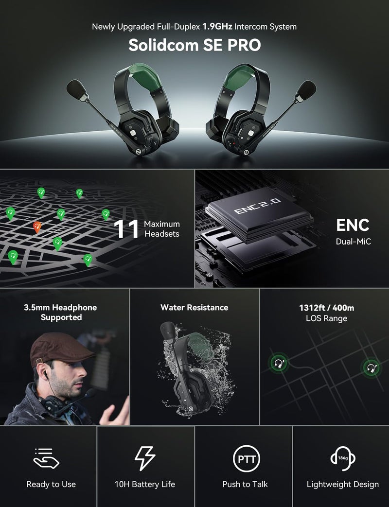 HollyView Hollyland Solidcom SE PRO 5-Users ENC Noise Cancellation Wireless Intercom Headset System 1312ft Team Communication with 3.5mm Single Ear Headset for Movie Shoot Live Show (1.9GHz Version) - Image 2