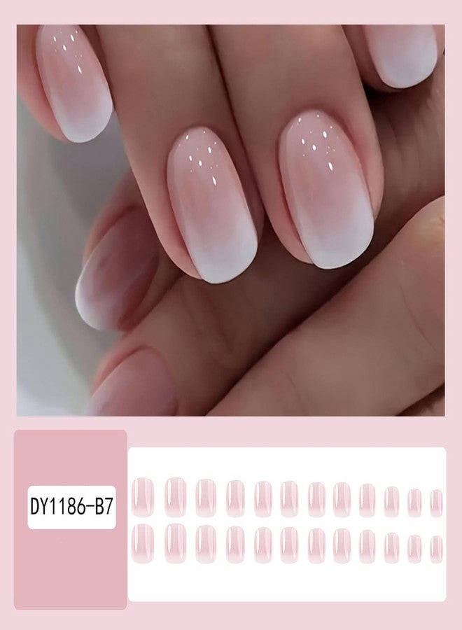 OCOUYVD Acrylic Press On Nails - Short French Pink White Gradient Designs, Small Gloss Artificial Square Sticks, Cute Fake Nails for Women & Girls - Image 2