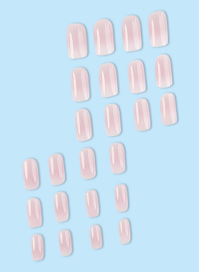 OCOUYVD Acrylic Press On Nails - Short French Pink White Gradient Designs, Small Gloss Artificial Square Sticks, Cute Fake Nails for Women & Girls - Image 4