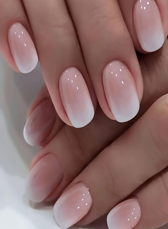 OCOUYVD Acrylic Press On Nails - Short French Pink White Gradient Designs, Small Gloss Artificial Square Sticks, Cute Fake Nails for Women & Girls - Image 1