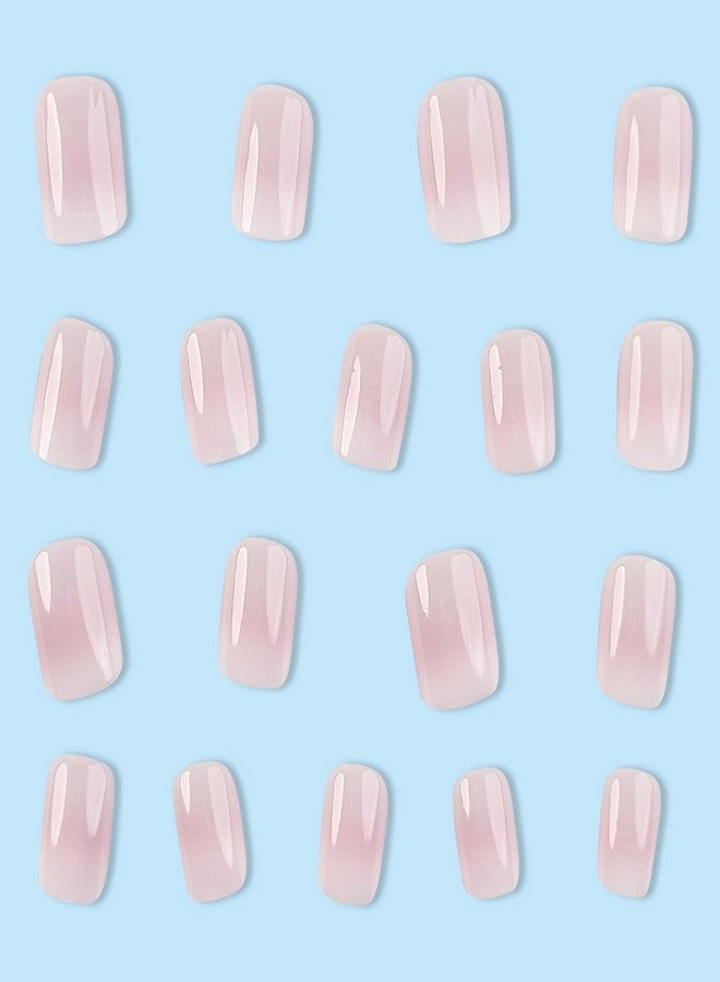OCOUYVD Acrylic Press On Nails - Short French Pink White Gradient Designs, Small Gloss Artificial Square Sticks, Cute Fake Nails for Women & Girls - Image 3